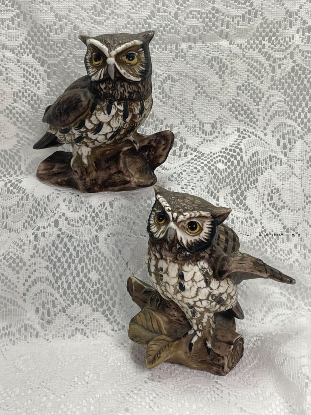 Vintage Homco Ceramic Owl Figurines Set Of 2 Brown & White Realistic Detailing H